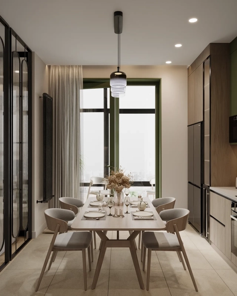 Modern dining room with a light wood table set for six, pendant light above. Large window with sheer curtains, neutral tones create a serene ambiance.