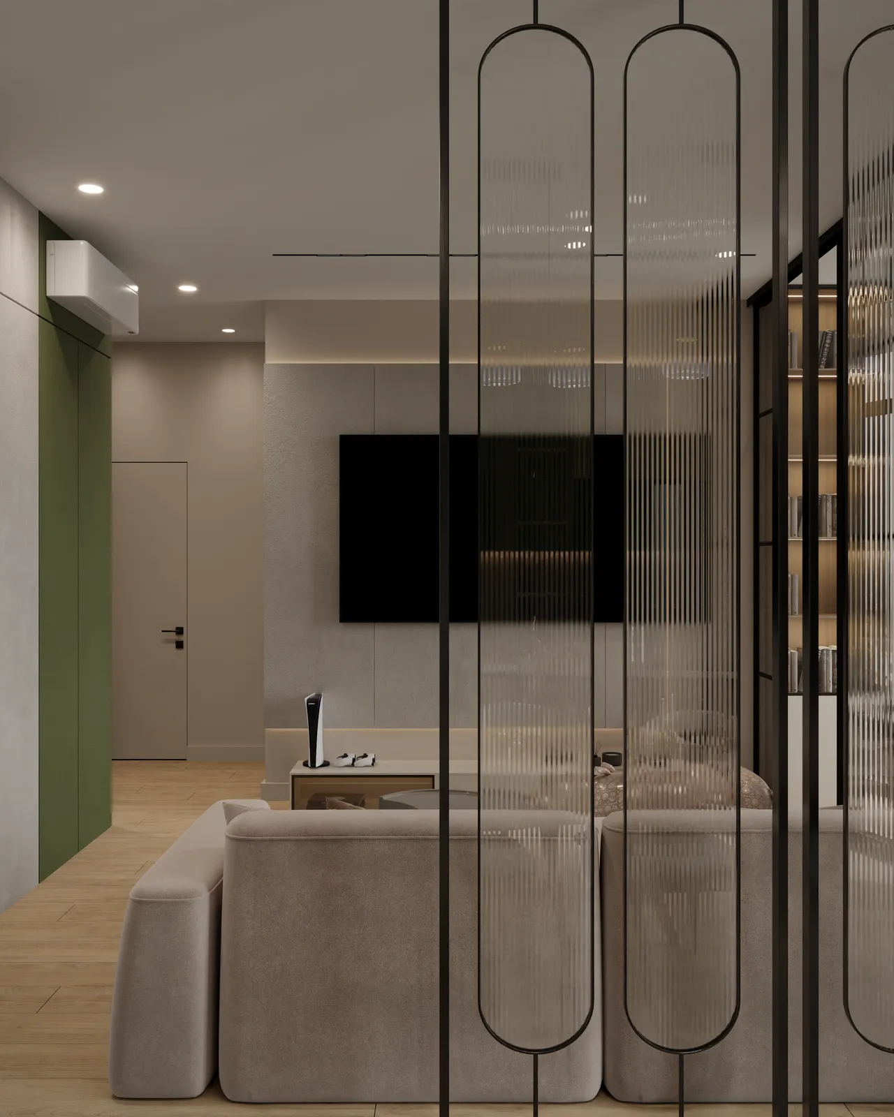 A modern living room with a neutral sofa facing a wall-mounted TV. Semi-transparent, vertical glass panels divide the space, creating an open yet cozy ambiance.