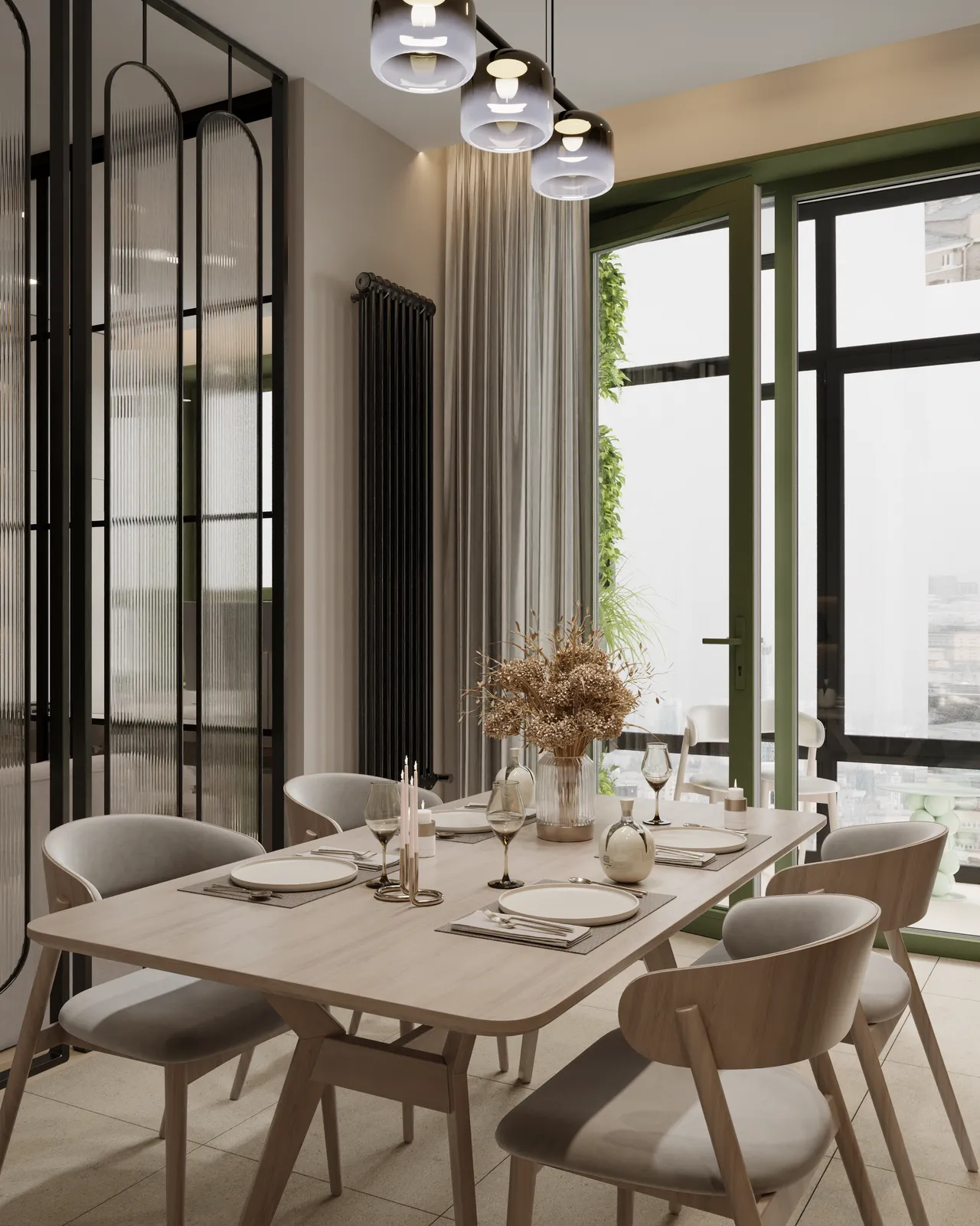 Modern dining area featuring a light wood table set for six, complemented by gray upholstered chairs, a ribbed glass partition, and pendant lighting overlooking a cityscape view.