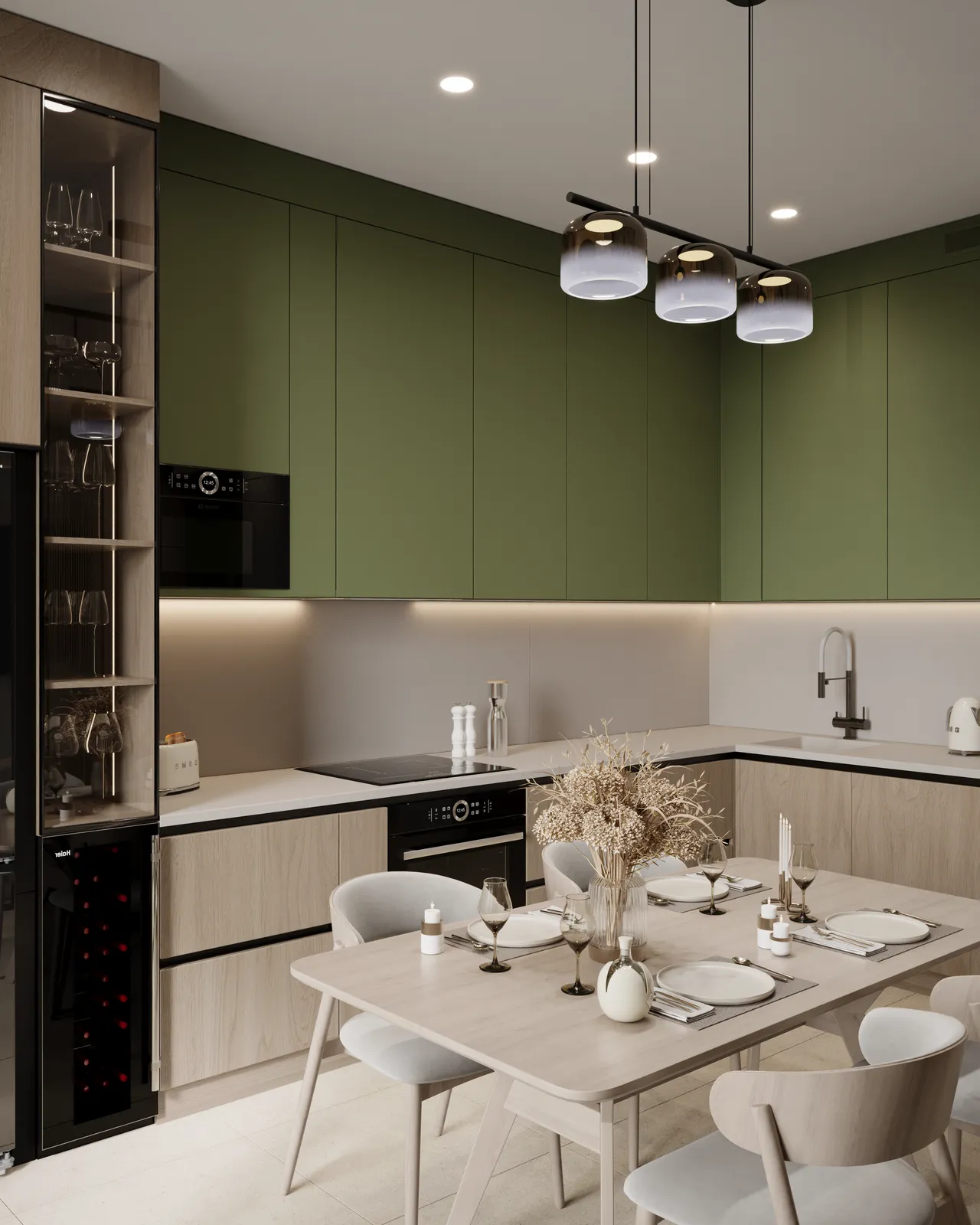 Modern kitchen design featuring olive green upper cabinets, light wood lower cabinets, a dining table set for four, and a wine cooler display.