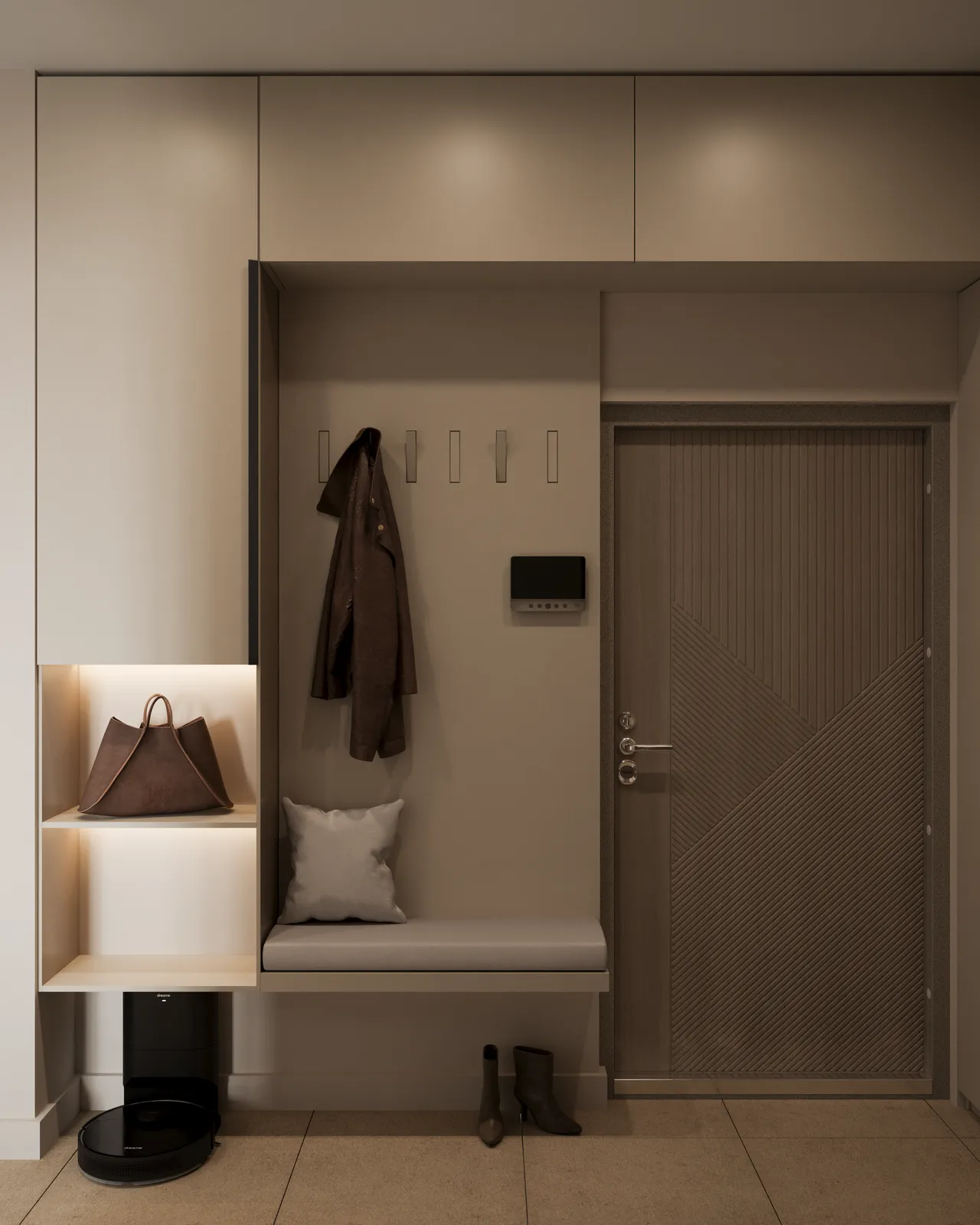 Minimalist entryway featuring built-in beige cabinetry, a padded bench, open illuminated shelving holding a brown tote bag, and a modern textured door.