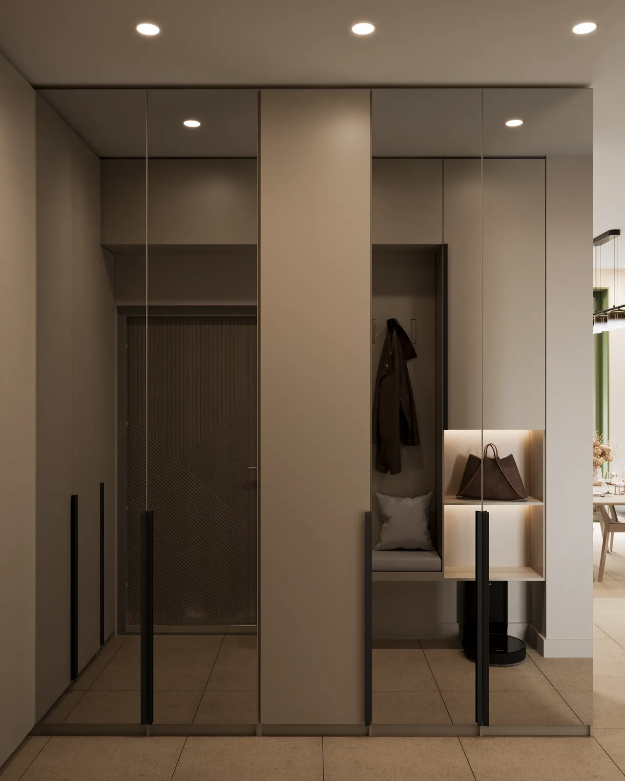Modern entryway featuring floor-to-ceiling mirrored and beige cabinetry with recessed lighting, an integrated bench niche holding a brown handbag, and a dark coat hanging.