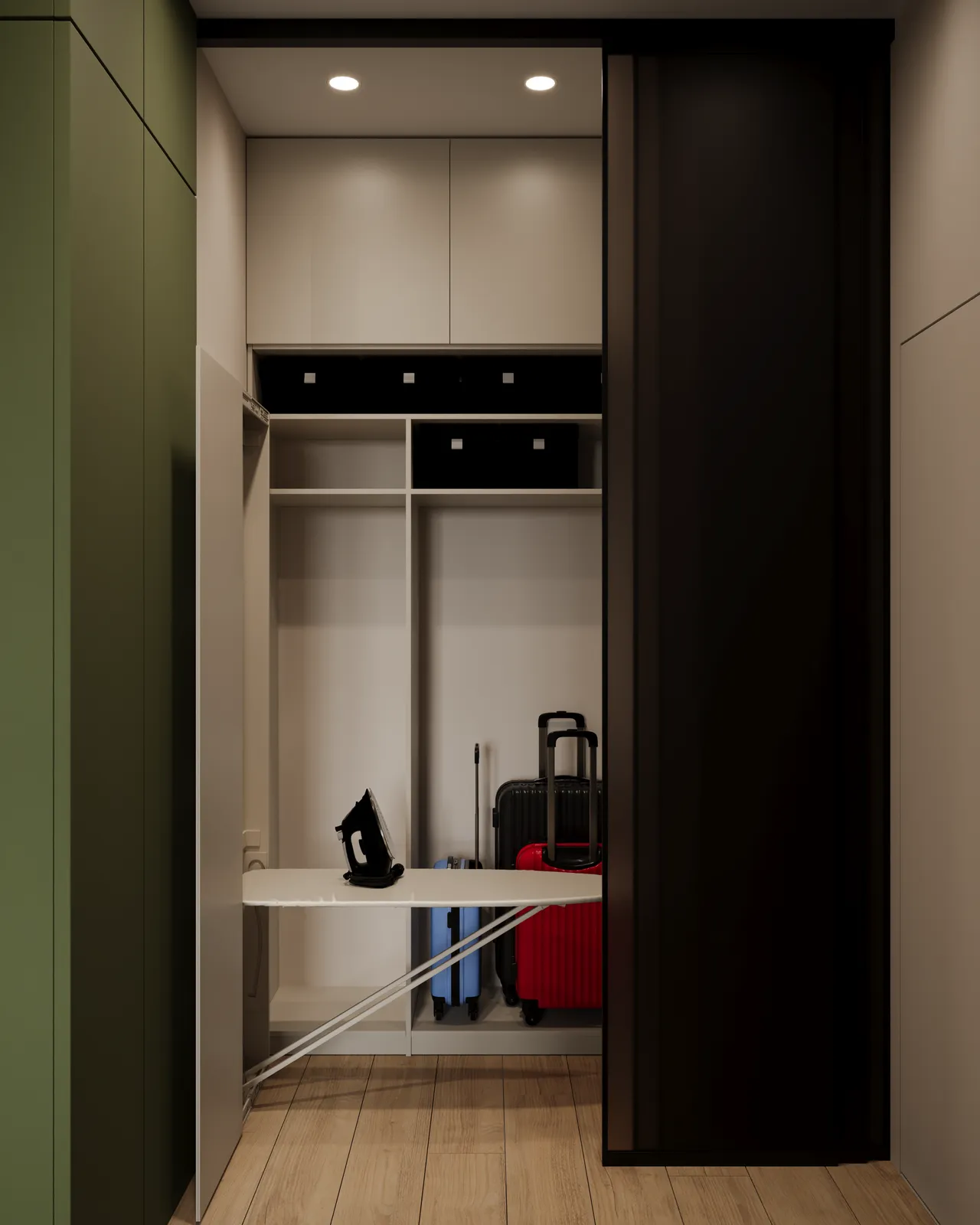 A compact hotel closet interior showing a pull-out ironing board with an iron, shelving, and two pieces of luggage stored on the light wood floor.