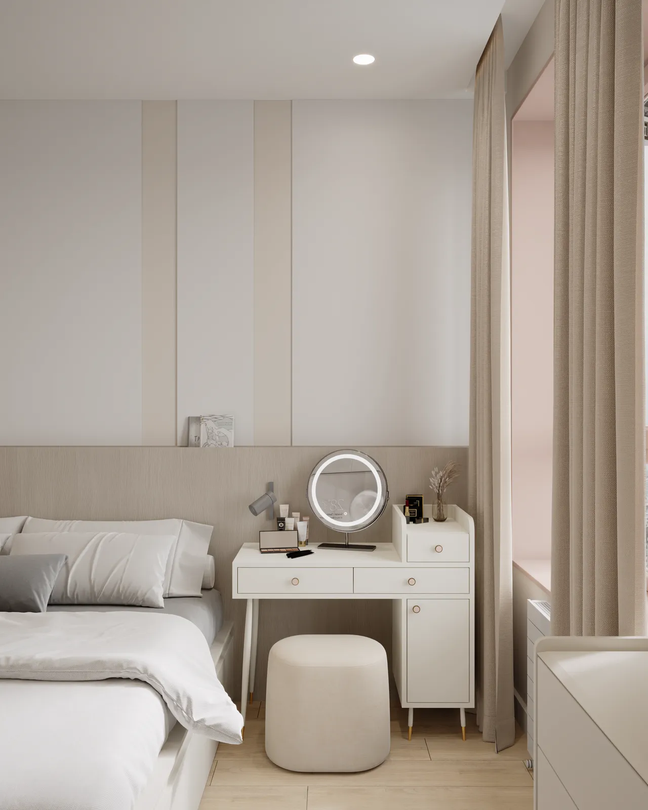 Minimalist bedroom featuring a white vanity table with an illuminated mirror next to a neatly made white bed and beige curtains.