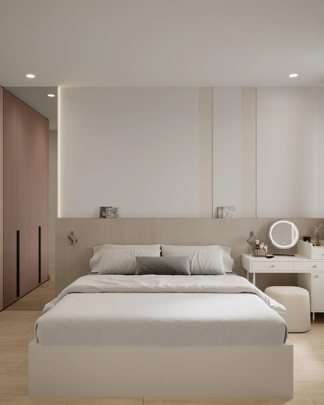 Minimalist bedroom featuring a low-profile bed with light gray linens, a beige wood headboard, and a white vanity with a circular lighted mirror.