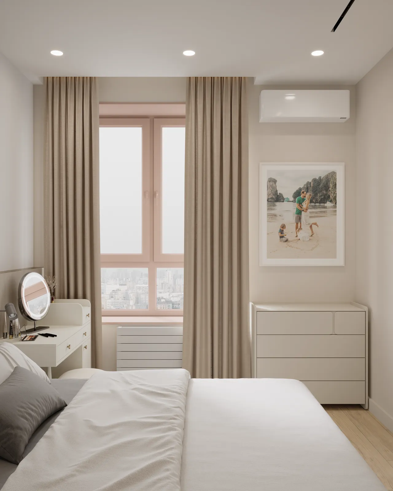 A modern, neutral-toned bedroom featuring a white bed, a vanity with a round mirror, a beige dresser, and a large window with tan curtains overlooking a cityscape.