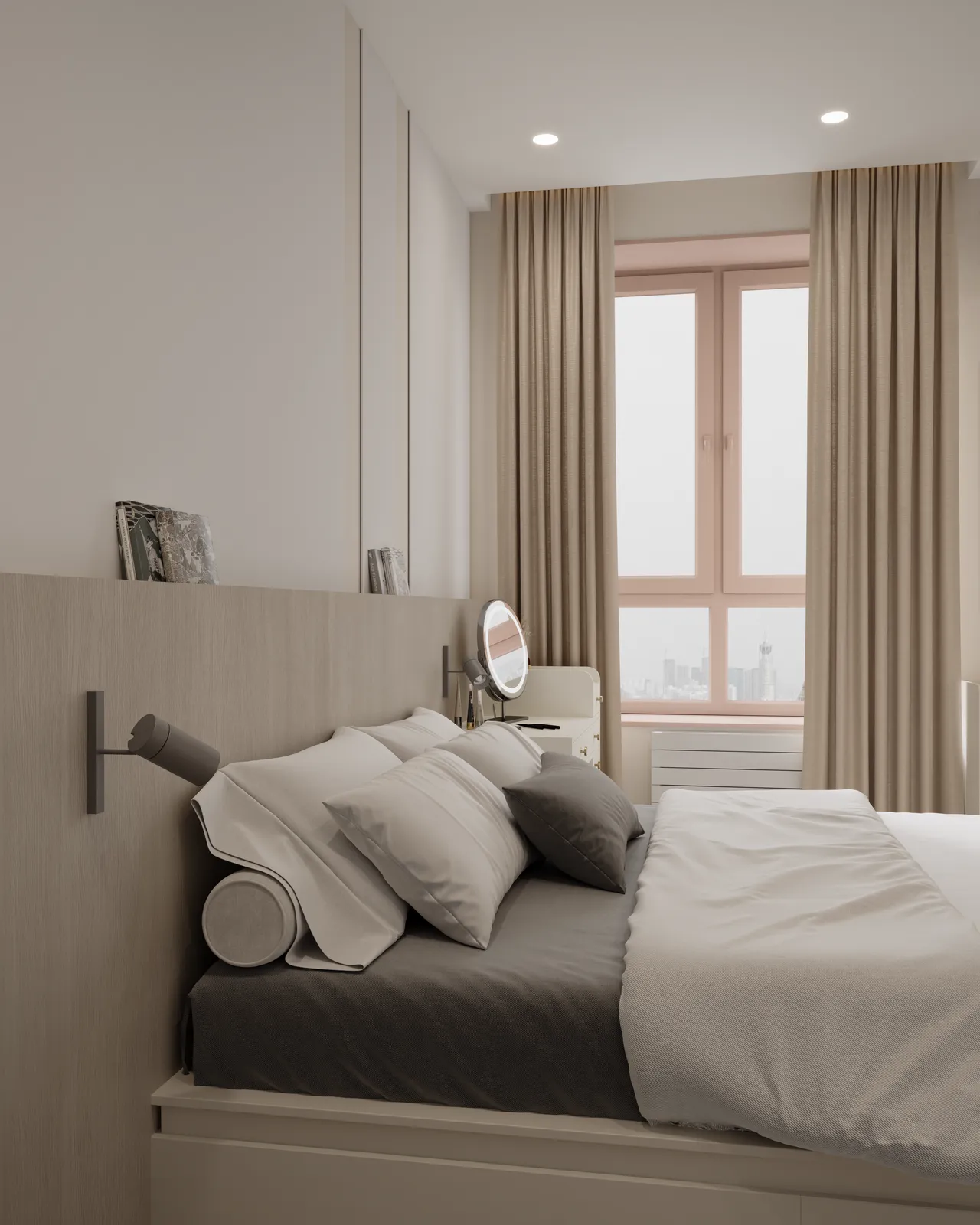 A modern bedroom featuring a neatly made bed with gray and white bedding, a headboard with decorative pillows, and large windows draped with light curtains. A small mirror and bedside table are also visible.