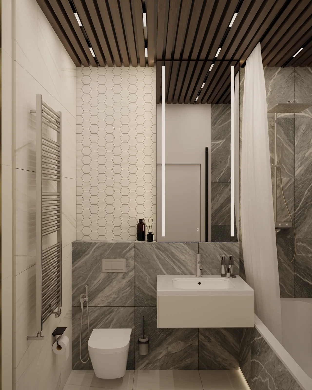 Modern bathroom design featuring a hexagon tile wall, marble accents, a wall-mounted sink, and a bathtub with a glass shower screen.