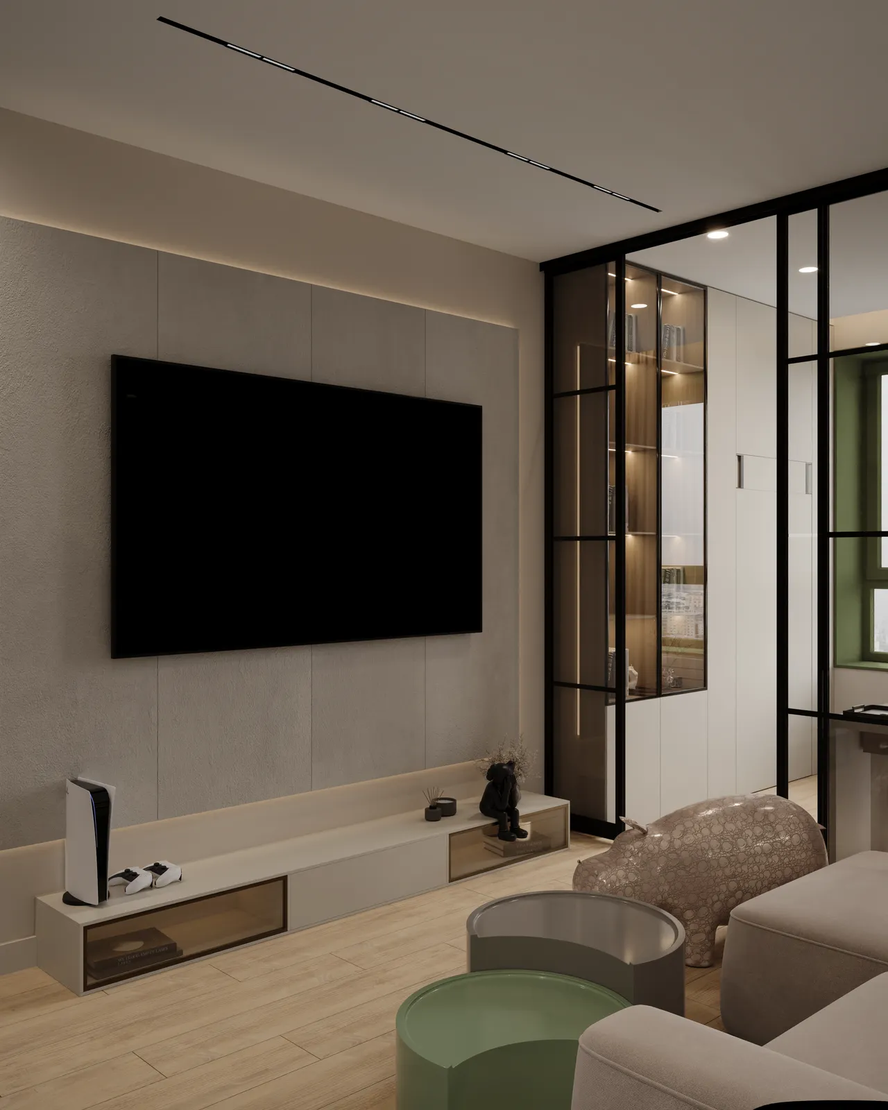 Modern living room with a wall-mounted TV, sleek console, and glass cabinets. Neutral tones, stylish seating, and soft lighting create a cozy ambiance.