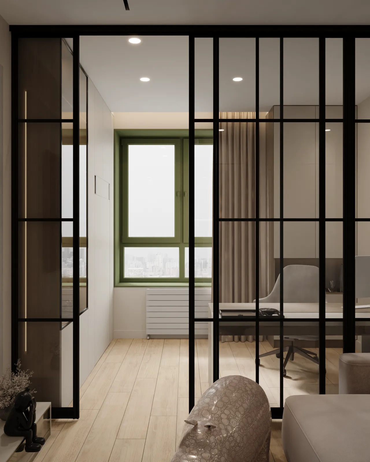 Modern interior showing a room with wooden flooring, a green-framed window, and glass partition. Neutral colors create a calm, minimalist ambience.