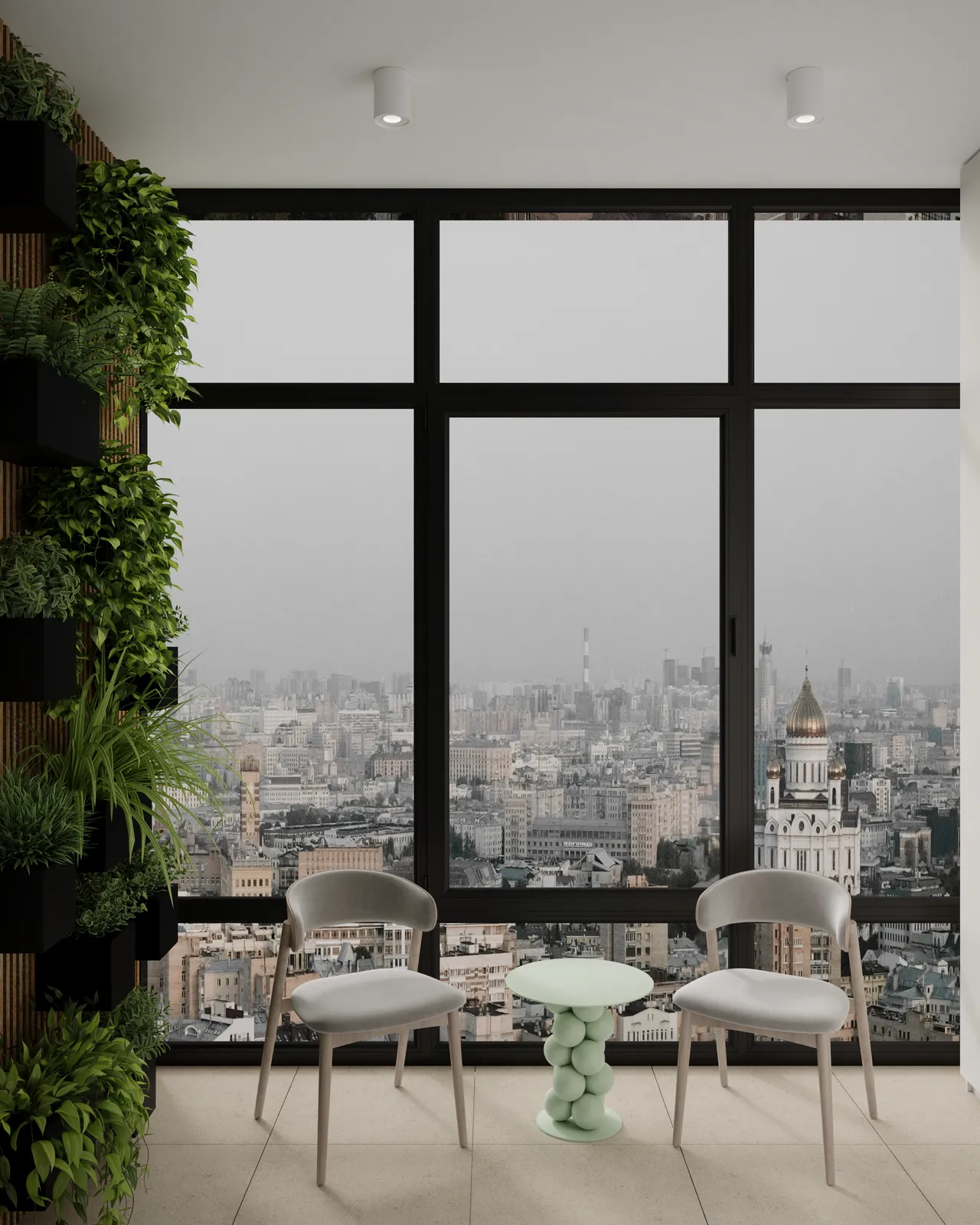 Modern room with a large window showcasing a city skyline. Two chairs and a small green table sit on a tiled floor. Vertical garden adds lush greenery.