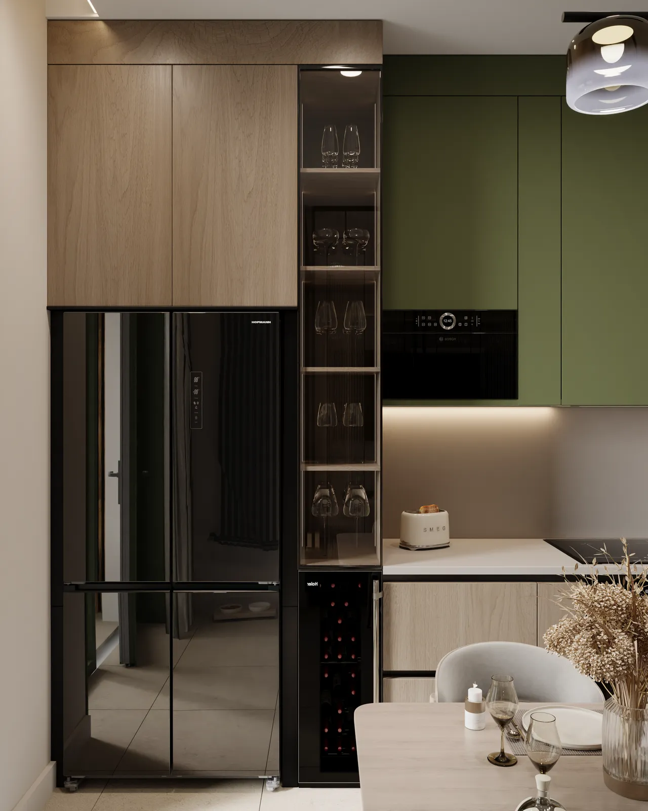 Modern kitchen interior featuring black refrigerator, integrated wine cooler, illuminated glass shelving, light wood cabinets, and contrasting olive green upper cabinetry.
