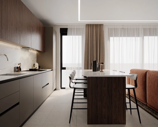 The linear kitchen with matte grey-beige fronts, a white marble countertop and backsplash, a dark wood island with tall bar stools and large windows with sheer curtains.