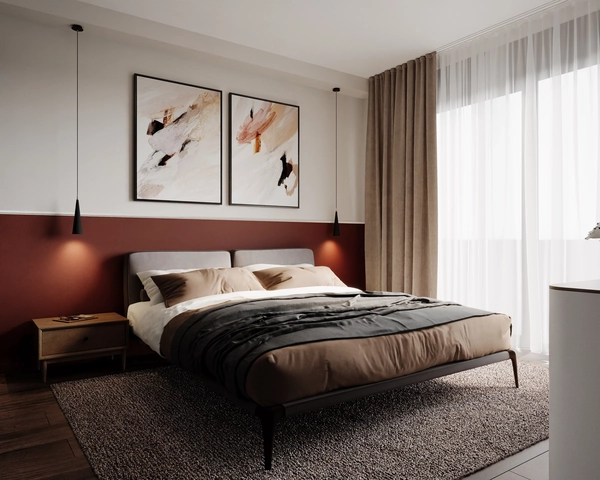 The master bedroom seen from the side, with a double bed on metal legs, a thick grey rug, a terracotta lower wall and a large window with sheer white curtains.