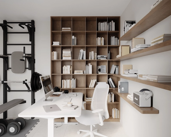 The office and fitness room, with a white height-adjustable desk, a modular wooden bookcase, wall-mounted shelves and a black metal wall bar with weights and dumbbells.