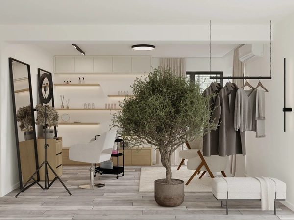 Brow artists studio in white, beige and grey with matt black accents, Naranja project, 63 m² in Otopeni, Romania