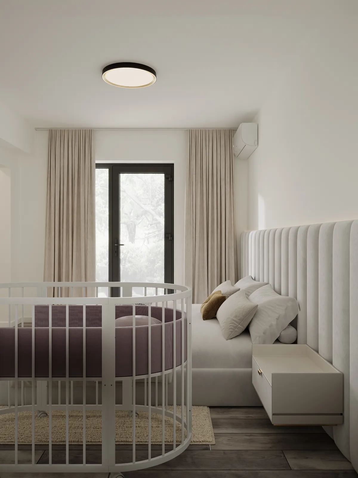 A modern bedroom featuring a white color palette, with a crib beside a bed and large windows covered by light curtains.