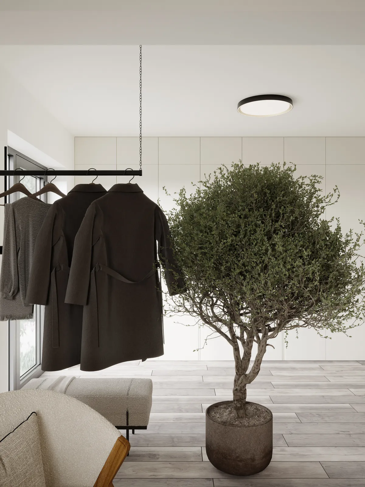 Minimalist interior featuring dark hanging coats, a potted green tree, light wood flooring, and a modern ceiling light.