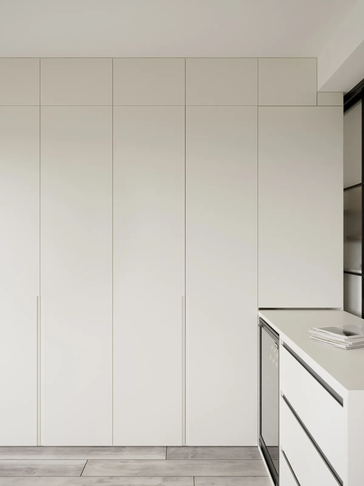 Minimalist interior featuring tall, handleless, light gray built-in cabinets next to a white counter unit with a glass-fronted appliance.