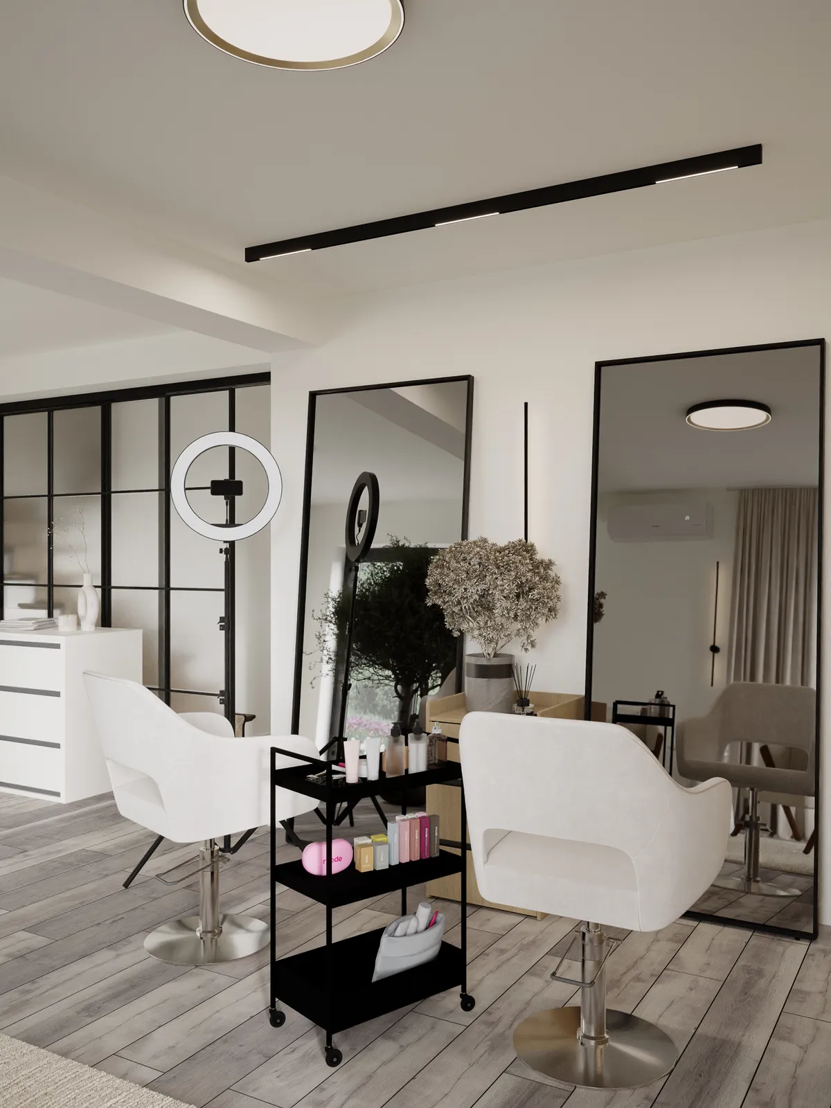 Interior of a modern hair salon featuring two white styling chairs, aMirror, and a black cart with beauty products. The decor is minimalistic with light wooden flooring and neutral colors.
