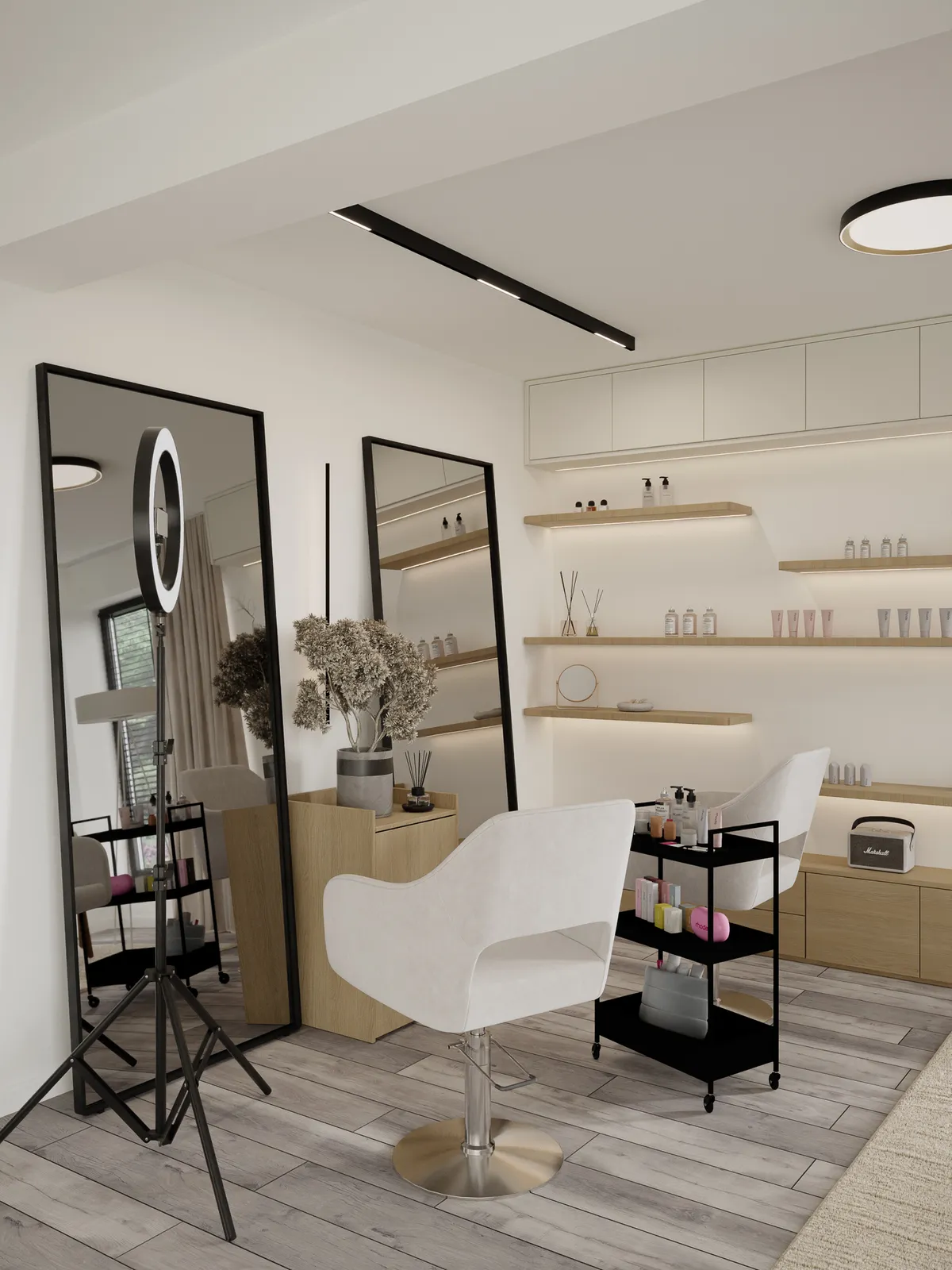 A modern beauty salon interior featuring a white chair, mirrors, and shelves displaying beauty products, along with a small cart for supplies.