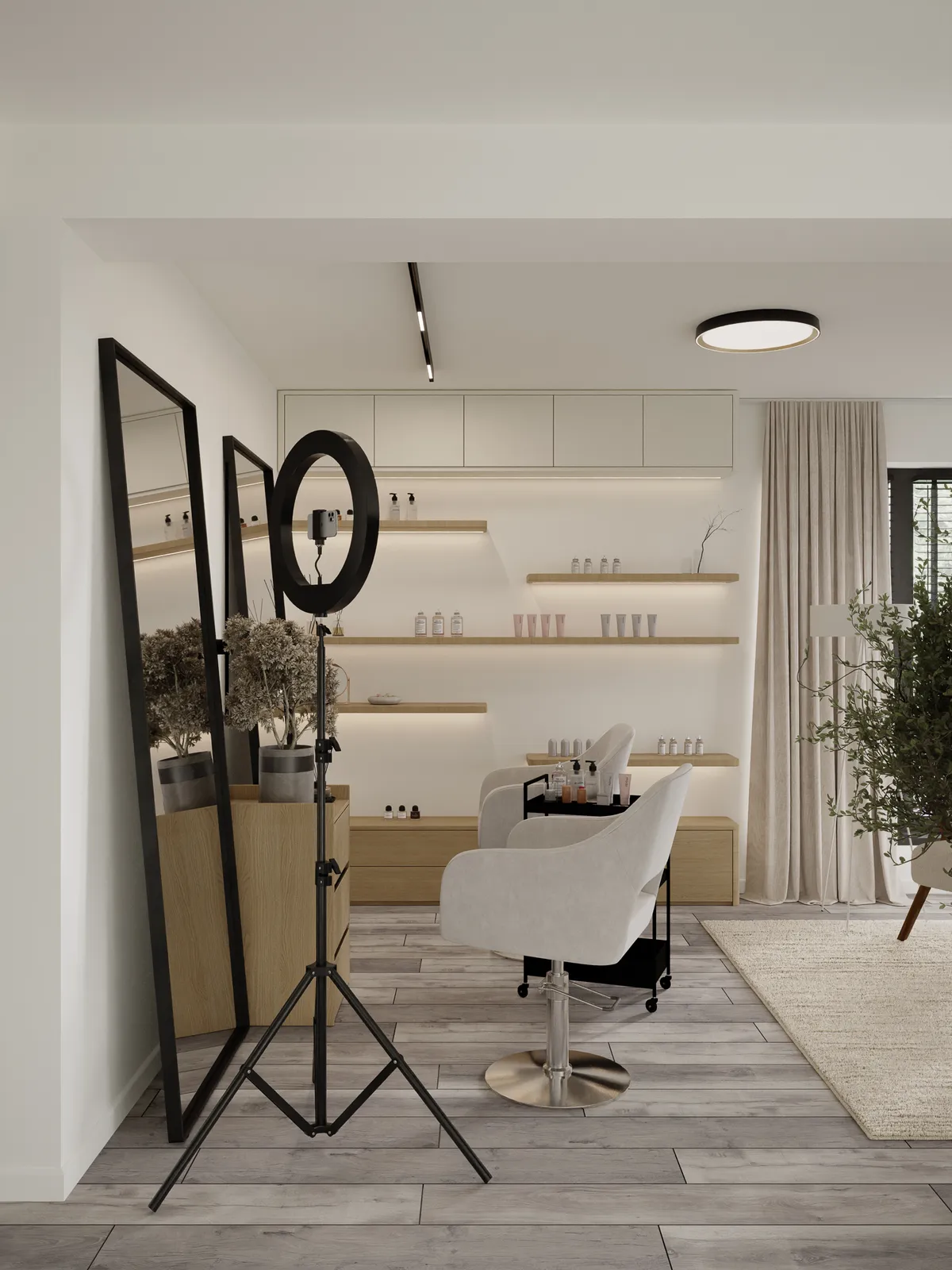 A modern beauty salon interior featuring a makeup chair, large mirrors, shelves with products, and soft lighting.